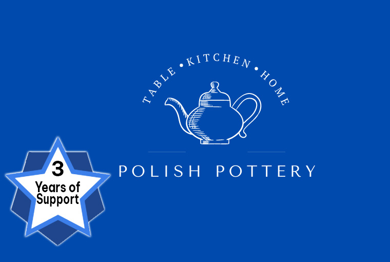Polish Pottery logo featuring a teapot with the text "TABLE • KITCHEN • HOME" and "3 Years of Support" badge.