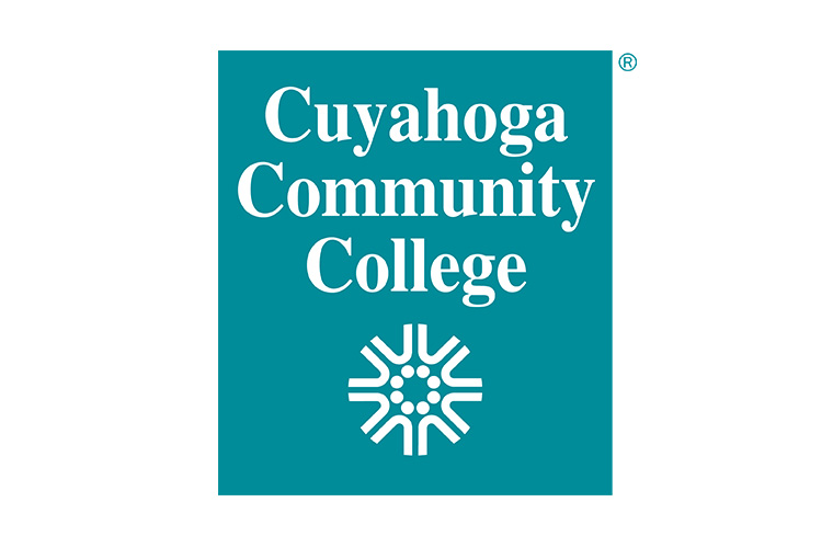 Logo of Cuyahoga Community College featuring the name in white text on a teal background with a geometric emblem below the text.