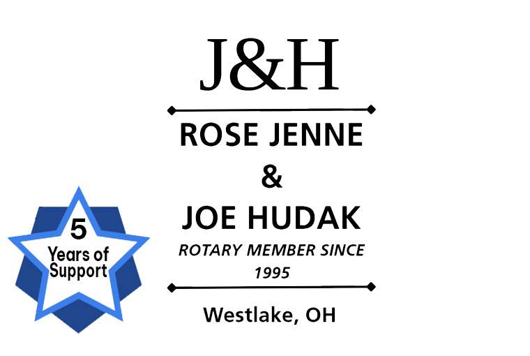 J&H logo with Rose Jenne and Joe Hudak, Rotary members since 1995, celebrating 5 years of support in Westlake, OH.