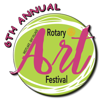 Logo for the 6th Annual Rotary Art Festival featuring a green circular background with white brushstrokes, pink and black text, and the Rotary wheel symbol. Organized by Rotary District 7020.