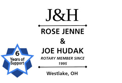 JH-2026 J&H logo with Rose Jenne and Joe Hudak, Rotary members since 1995, celebrating 6 years of support in Westlake, OH.