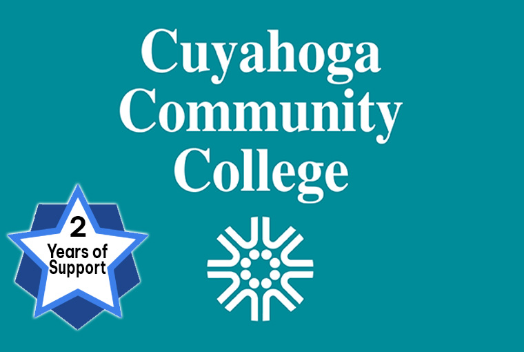 Logo of Cuyahoga Community College featuring the name in white text on a teal background with a geometric emblem below the text.