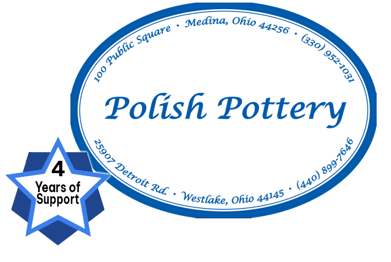 Polish Pottery – Medina & Westlake Locations Polish Pottery logo with Medina and Westlake Ohio store addresses and a “4 Years of Support” badge